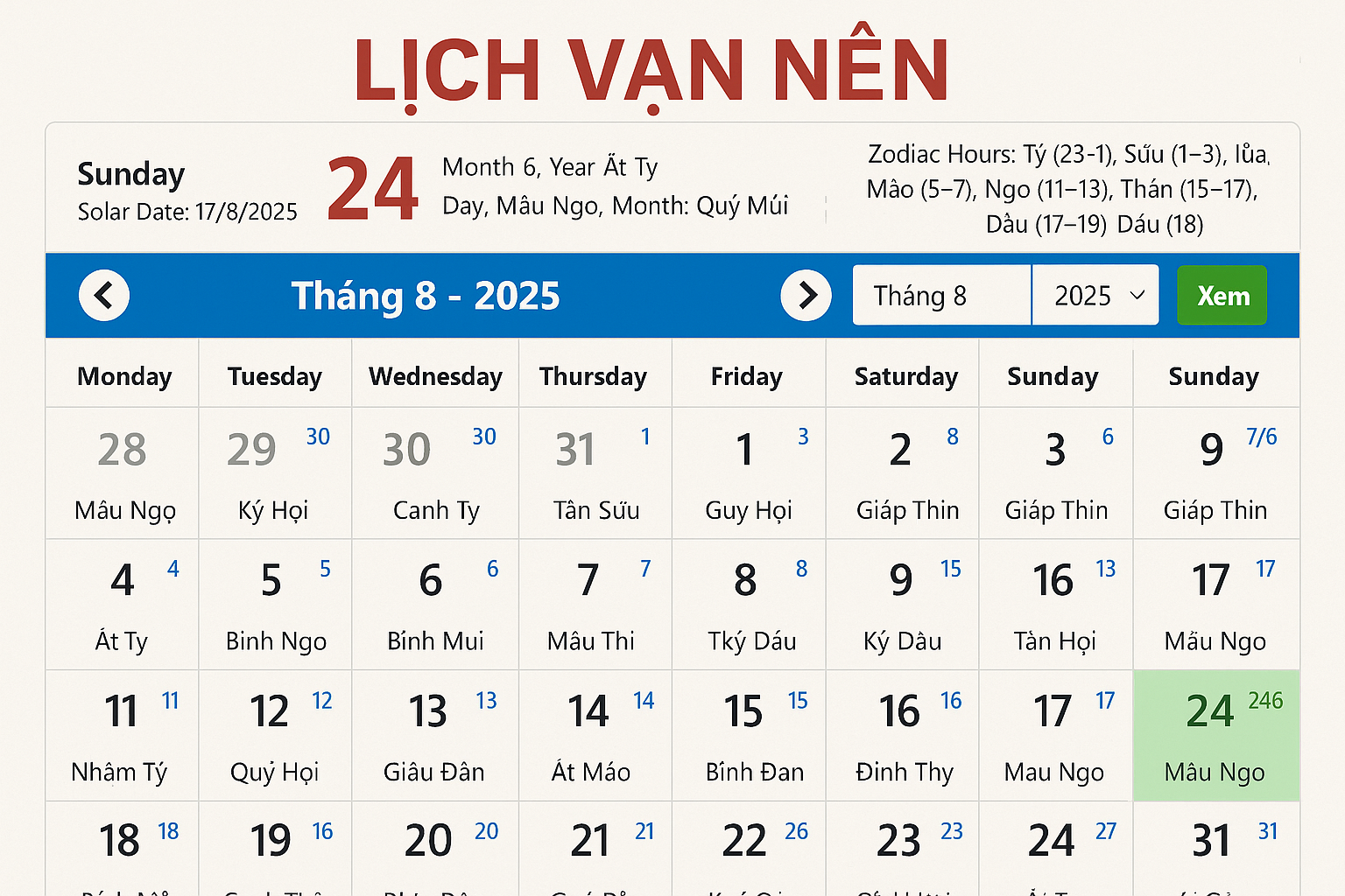 Xem lịch vạn niên hôm nay miễn phí, chính xác nhất